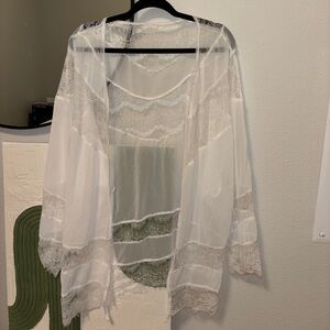 Sheer Lace-Trim Swim Coverup — White